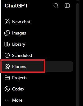 ChatGPT sidebar with the “Plugins” menu item highlighted in red