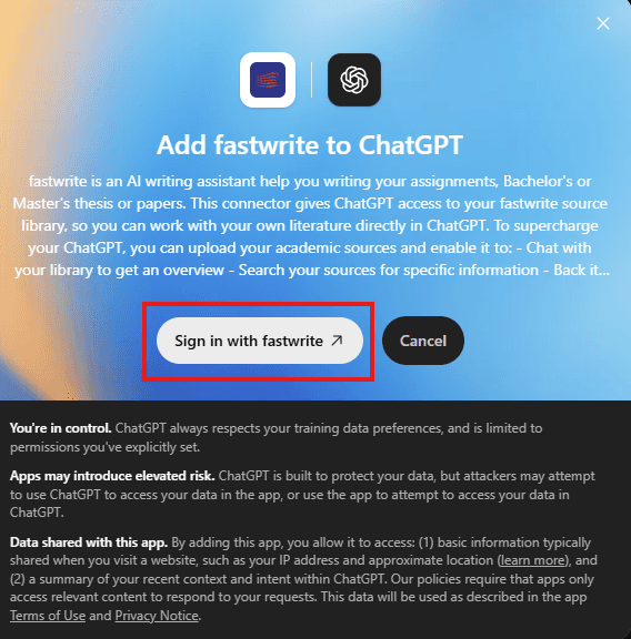 “Add fastwrite to ChatGPT” dialog with the “Sign in with fastwrite” button highlighted in red