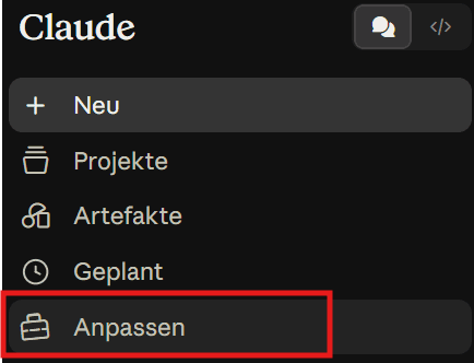 Claude-Seitenleiste mit rot markiertem Menüpunkt „Anpassen“