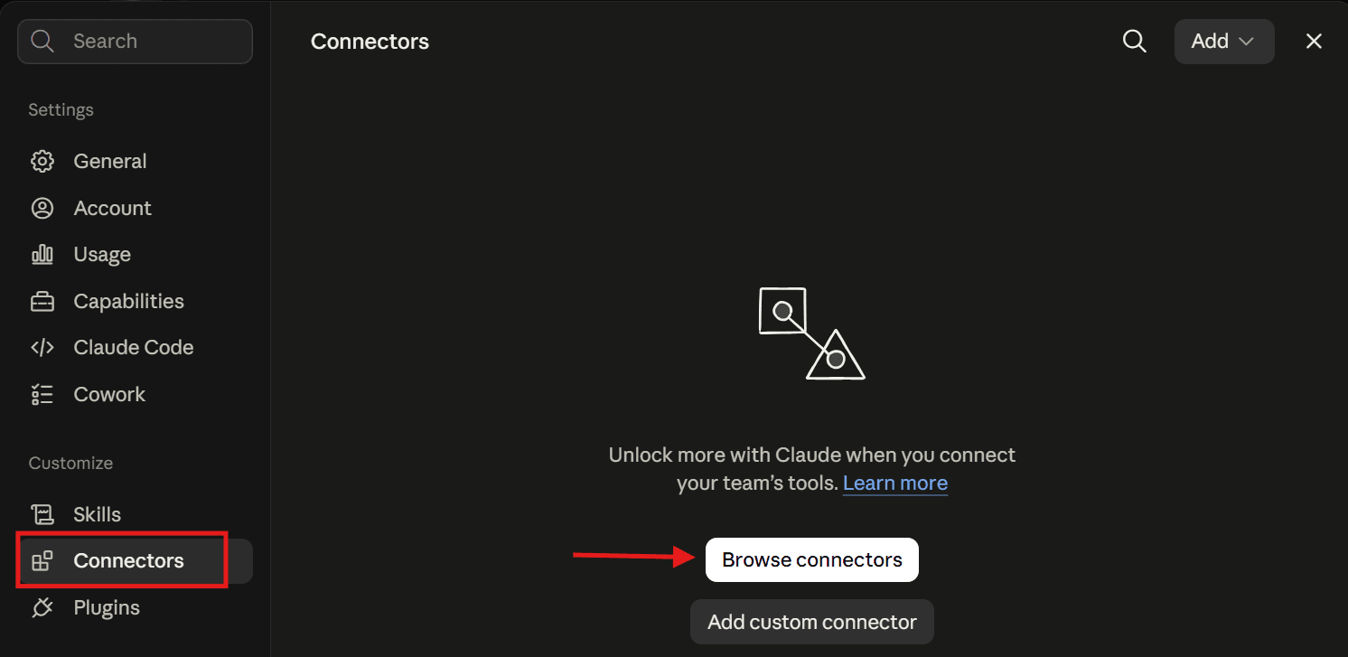 Claude settings: the “Connectors” menu item highlighted in red, an arrow pointing at the “Browse connectors” button