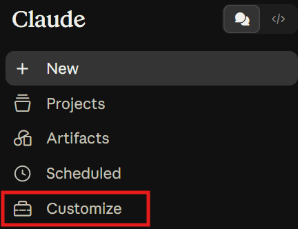Claude sidebar with the “Customize” menu item highlighted in red