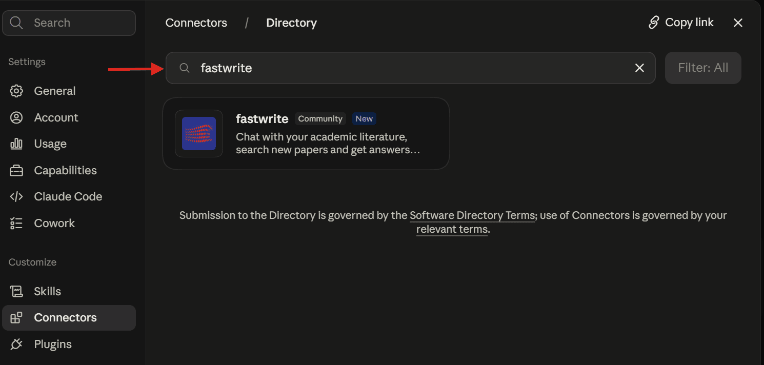 Claude connector directory with “fastwrite” typed into the search box and the fastwrite connector listed below