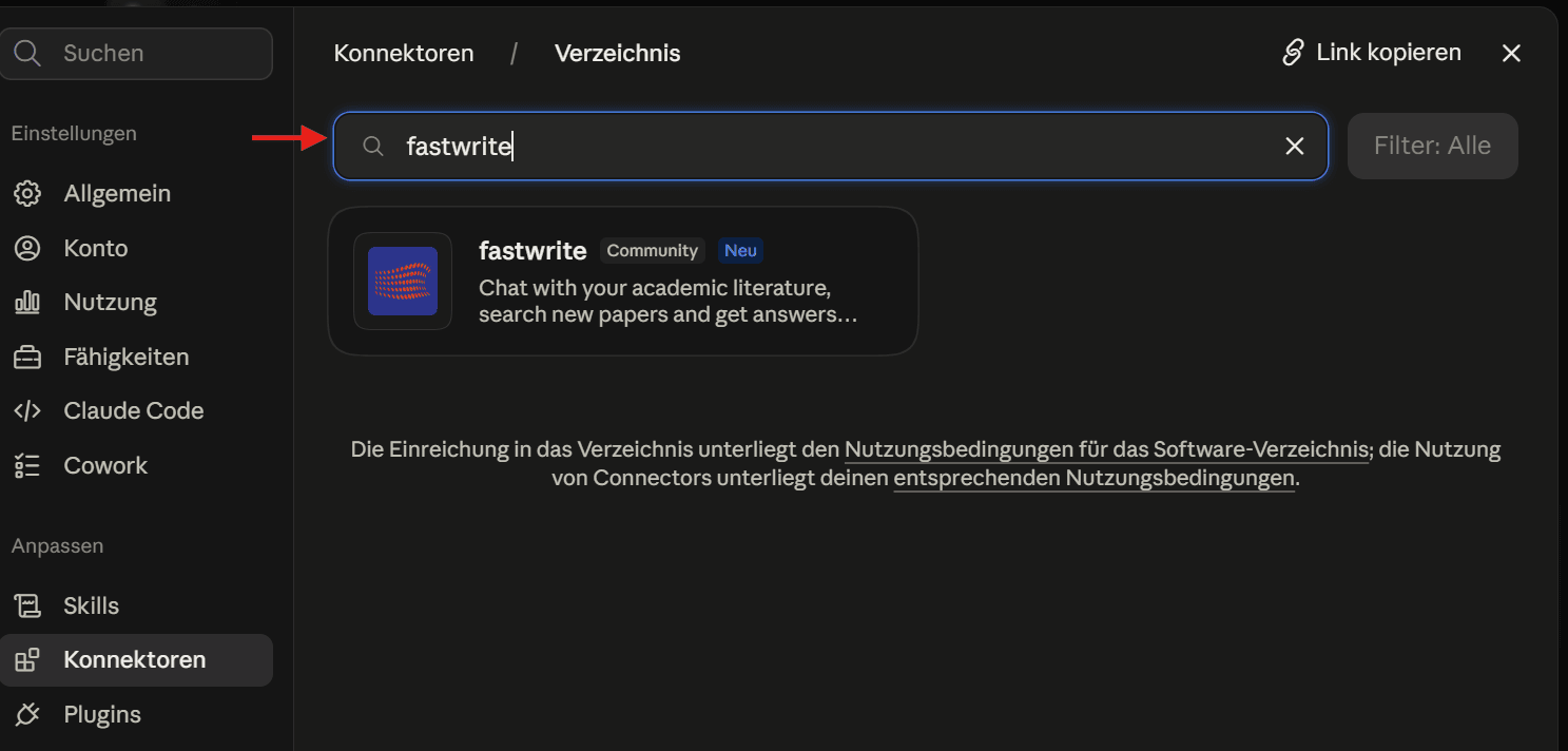 Connector-Verzeichnis in Claude mit Suchfeld, in das „fastwrite“ eingetippt ist, darunter der fastwrite-Connector